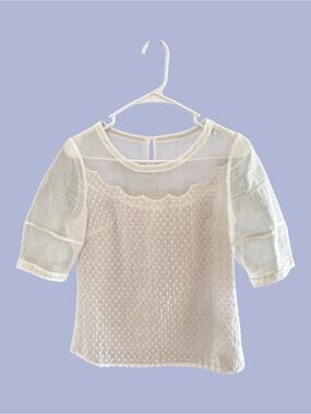 White Swiss Dot Short Sleeve Blouse Mesh Yoke Panel Along Neckline